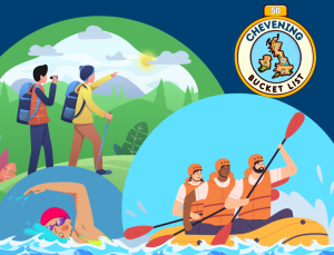 Cartoon images of people doing activities in landscapes, such as hiking in the green hills, swimming and kayaking.