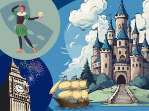 Different landscapes including Big Ben, a castle, ship and someone acting in a play wearing medieval clothes.